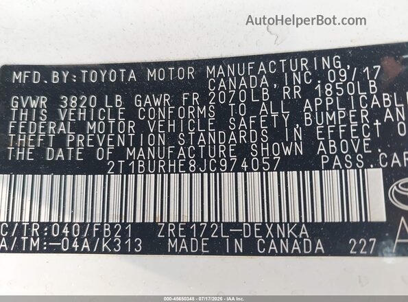 2T1BURHE8JC974057 2018 TOYOTA COROLLA White Widok komory silnika