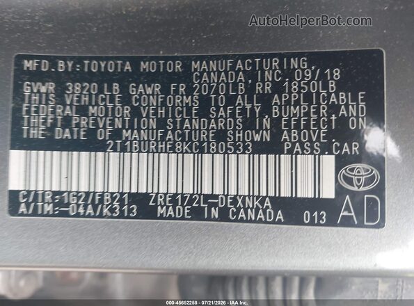 2T1BURHE8KC180533 2019 TOYOTA COROLLA Gray Вид підкапотного простору