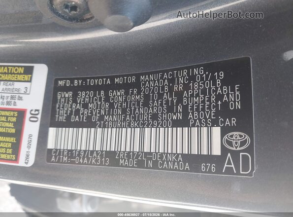 2T1BURHE8KC229200 2019 TOYOTA COROLLA Серый Вид подкапотного пространства