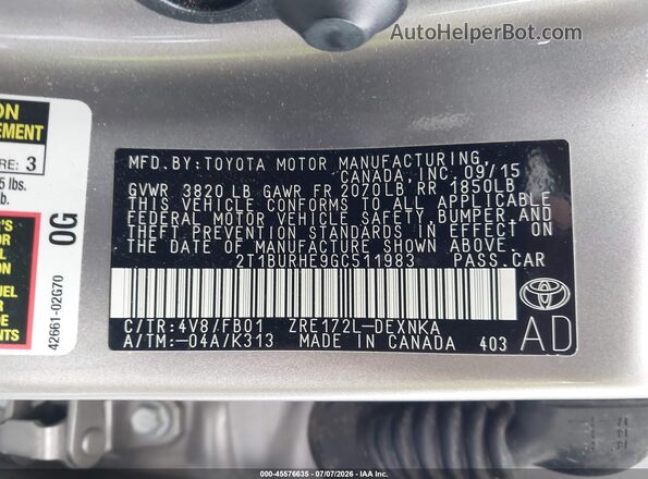 2T1BURHE9GC511983 2016 TOYOTA COROLLA Silver Вид підкапотного простору