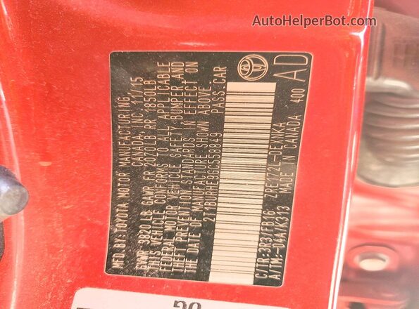 2T1BURHE9GC558849 2016 TOYOTA COROLLA Red VIN sticker view