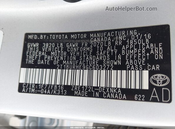 2T1BURHE9GC603272 2016 TOYOTA COROLLA Silver Շարժիչի բաժամունքի տեսք
