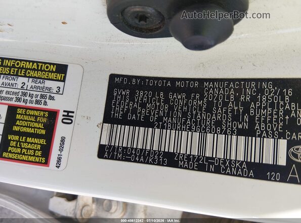 2T1BURHE9GC608763 2016 TOYOTA COROLLA Белый Вид подкапотного пространства