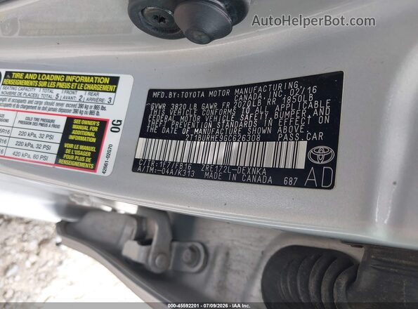 2T1BURHE9GC626308 2016 TOYOTA COROLLA Silver Vista del compartimento del motor