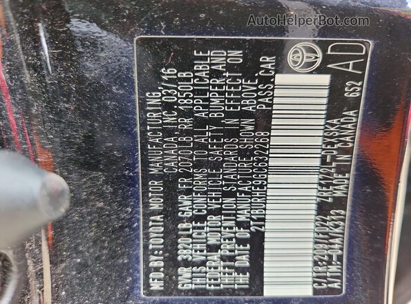 2T1BURHE9GC632268 2016 TOYOTA COROLLA Black VIN sticker view