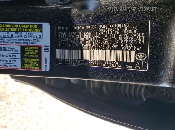 2T1BURHE9GC641021 2016 TOYOTA COROLLA Black Widok naklejki z numerem VIN