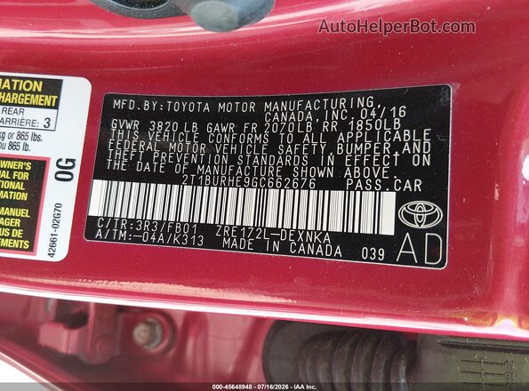 2T1BURHE9GC662676 2016 TOYOTA COROLLA Красный Вид подкапотного пространства