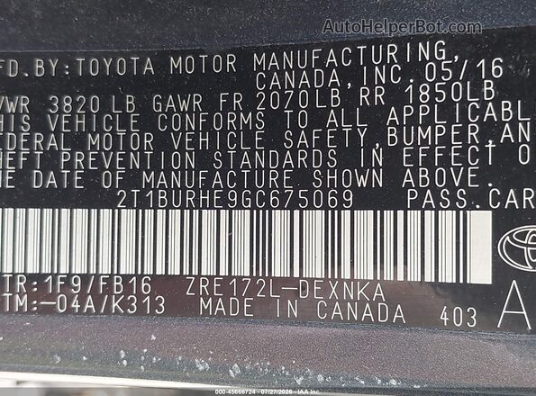 2T1BURHE9GC675069 2016 TOYOTA COROLLA Blue ძრავის განყოფილების ხედი