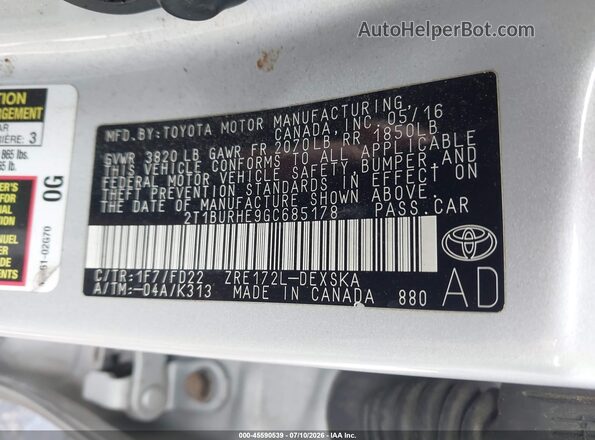 2T1BURHE9GC685178 2016 TOYOTA COROLLA Silver ძრავის განყოფილების ხედი