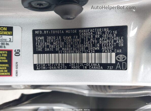 2T1BURHE9GC717434 2016 TOYOTA COROLLA Silver Widok komory silnika
