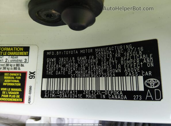 2T1BURHE9GC725954 2016 TOYOTA COROLLA White Вид підкапотного простору