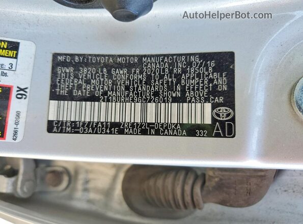 2T1BURHE9GC726019 2016 TOYOTA COROLLA Серебряный Вид наклейки с VIN-кодом