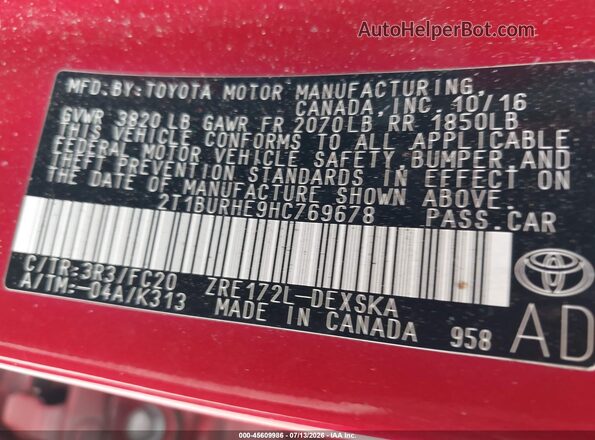2T1BURHE9HC769678 2017 TOYOTA COROLLA Red ძრავის განყოფილების ხედი