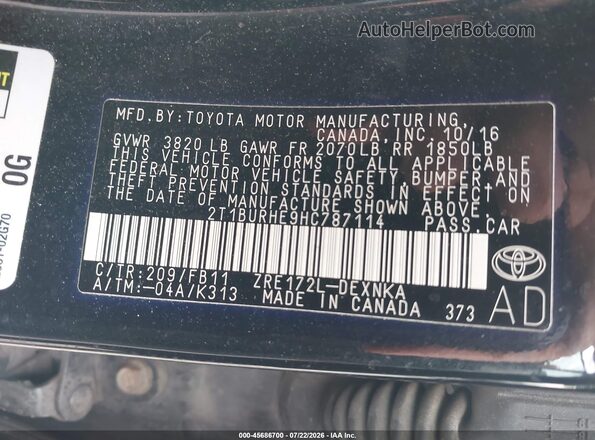 2T1BURHE9HC787114 2017 TOYOTA COROLLA Black Vista del compartimento del motor