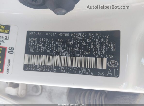 2T1BURHE9HC800993 2017 TOYOTA COROLLA White ძრავის განყოფილების ხედი