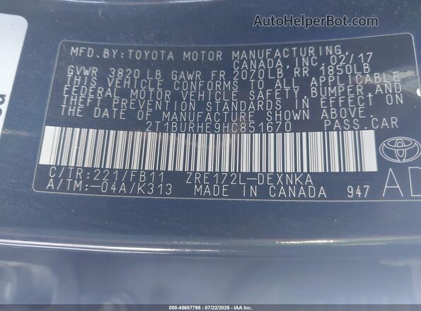 2T1BURHE9HC851670 2017 TOYOTA COROLLA Black ძრავის განყოფილების ხედი