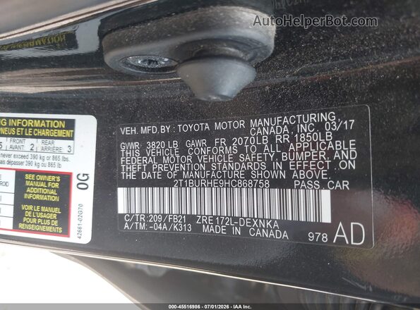 2T1BURHE9HC868758 2017 TOYOTA COROLLA Black Vista del compartimento del motor