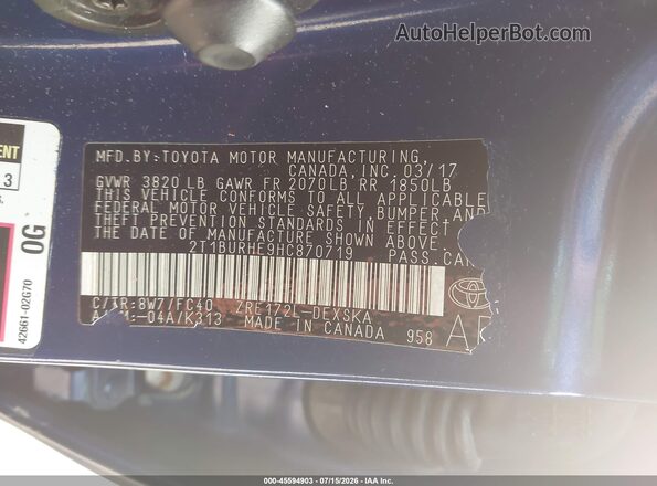 2T1BURHE9HC870719 2017 TOYOTA COROLLA Синий Вид подкапотного пространства