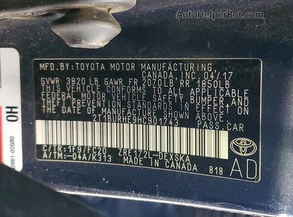 2T1BURHE9HC901743 2017 TOYOTA COROLLA Charcoal Vista de la etiqueta del VIN