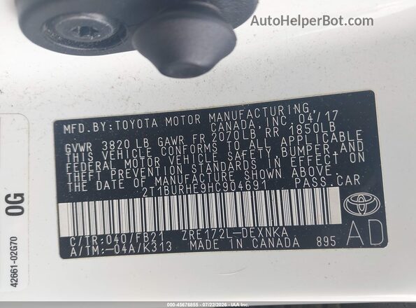 2T1BURHE9HC904691 2017 TOYOTA COROLLA Белый Вид подкапотного пространства