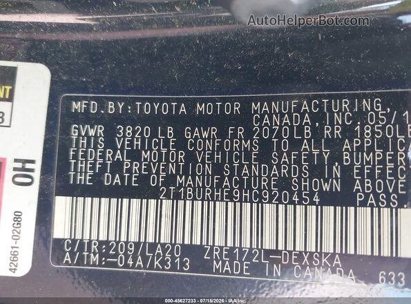 2T1BURHE9HC920454 2017 TOYOTA COROLLA Black Widok komory silnika
