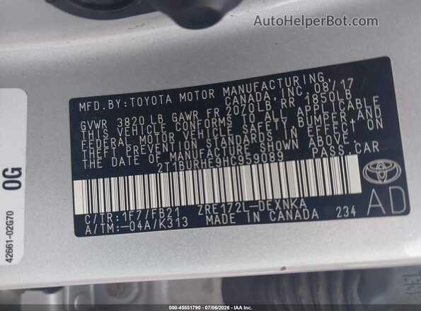 2T1BURHE9HC959089 2017 TOYOTA COROLLA Gray ძრავის განყოფილების ხედი