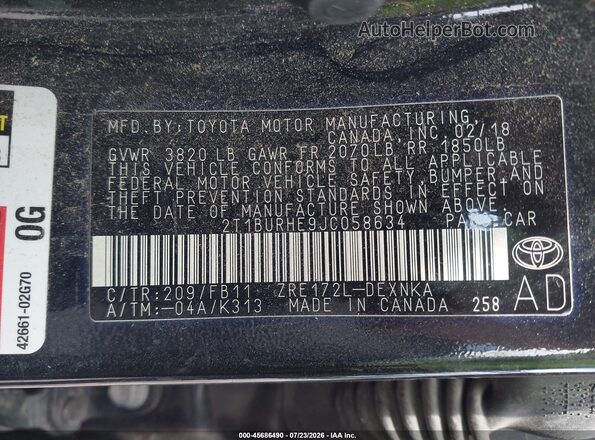 2T1BURHE9JC058634 2018 TOYOTA COROLLA Черный Вид подкапотного пространства