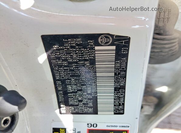 2T1BURHE9JC091052 2018 TOYOTA COROLLA White Вид наклейки з VIN-кодом