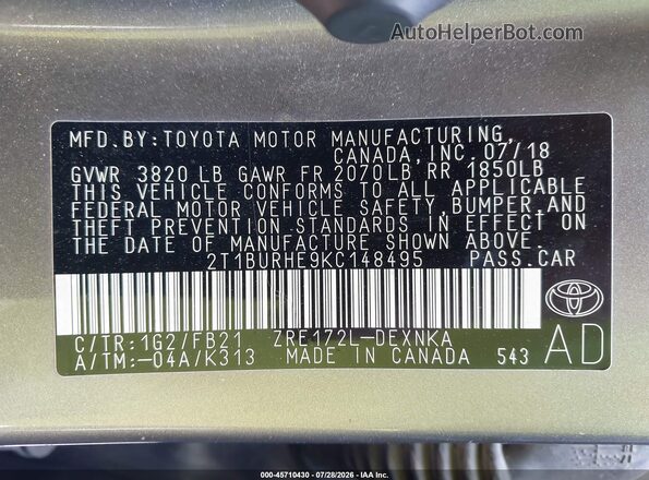 2T1BURHE9KC148495 2019 TOYOTA COROLLA Серый Вид подкапотного пространства