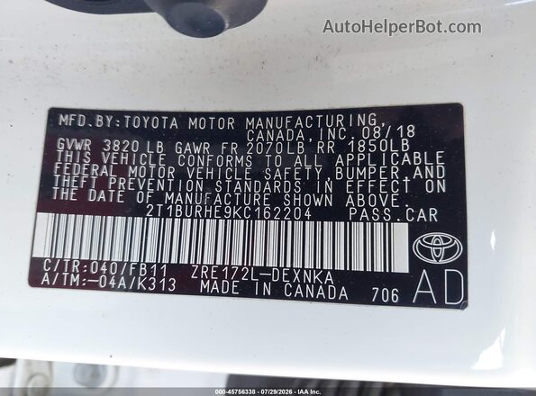 2T1BURHE9KC162204 2019 TOYOTA COROLLA White ძრავის განყოფილების ხედი