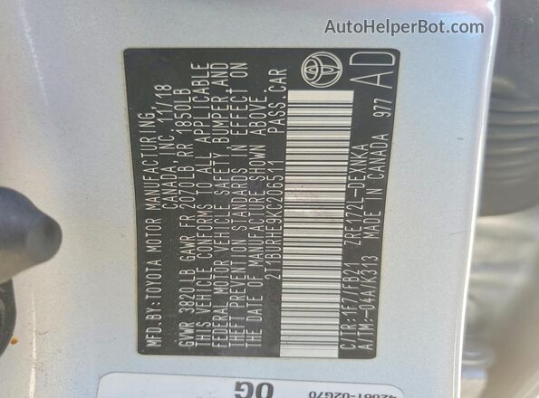 2T1BURHE9KC206511 2019 TOYOTA COROLLA Silver ძრავის განყოფილების ხედი
