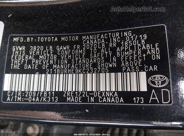2T1BURHE9KC232705 2019 TOYOTA COROLLA Black Vista del compartimento del motor