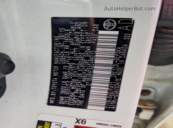 2T1BURHEXGC486012 2016 TOYOTA COROLLA White Շարժիչի բաժամունքի տեսք