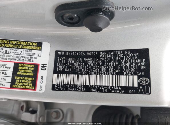 2T1BURHEXGC516576 2016 TOYOTA COROLLA Silver ძრავის განყოფილების ხედი