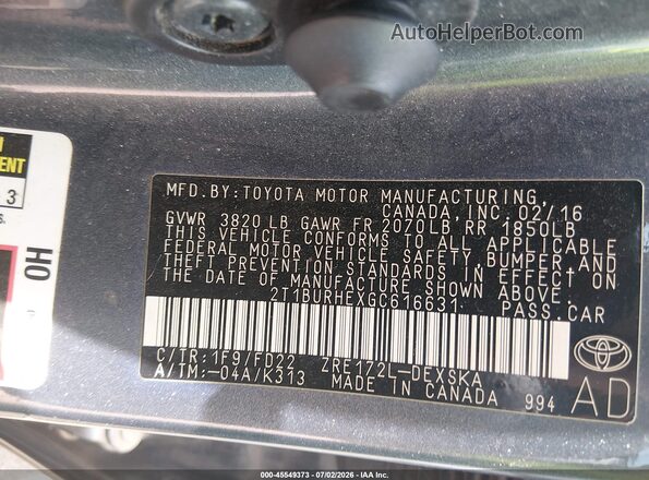 2T1BURHEXGC616631 2016 TOYOTA COROLLA Gray ძრავის განყოფილების ხედი