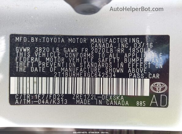 2T1BURHEXGC642534 2016 TOYOTA COROLLA Silver Engine compartment view