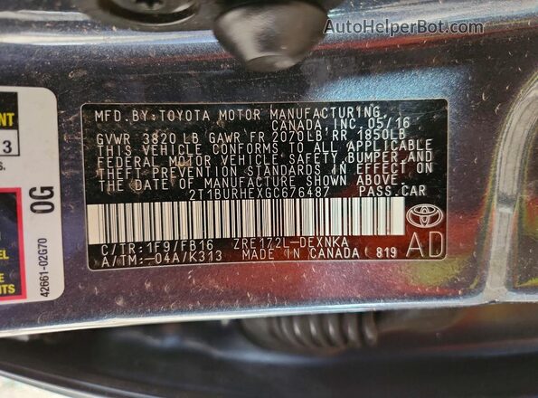 2T1BURHEXGC676487 2016 TOYOTA COROLLA Charcoal Engine compartment view