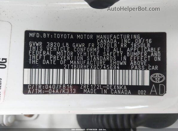 2T1BURHEXGC745694 2016 TOYOTA COROLLA White Widok komory silnika