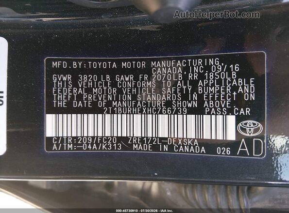 2T1BURHEXHC766739 2017 TOYOTA COROLLA Черный Вид подкапотного пространства