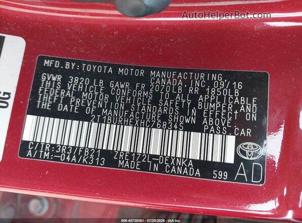 2T1BURHEXHC768345 2017 TOYOTA COROLLA Red Engine compartment view