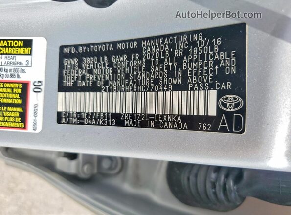 2T1BURHEXHC770449 2017 TOYOTA COROLLA Silver Շարժիչի բաժամունքի տեսք