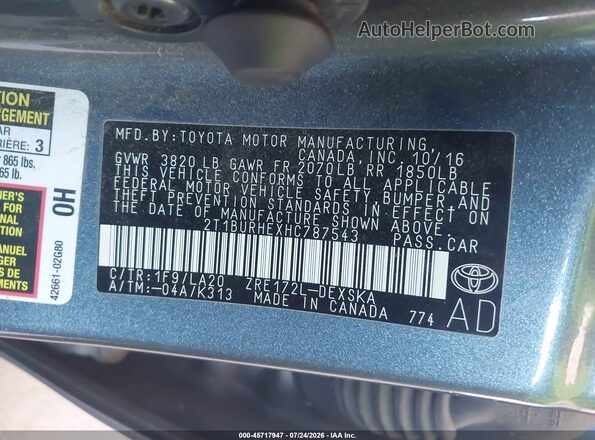 2T1BURHEXHC787543 2017 TOYOTA COROLLA Gray Շարժիչի բաժամունքի տեսք