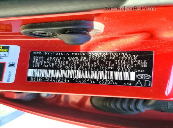 2T1BURHEXHC828110 2017 TOYOTA COROLLA Red VIN կոդի պիտակի տեսք