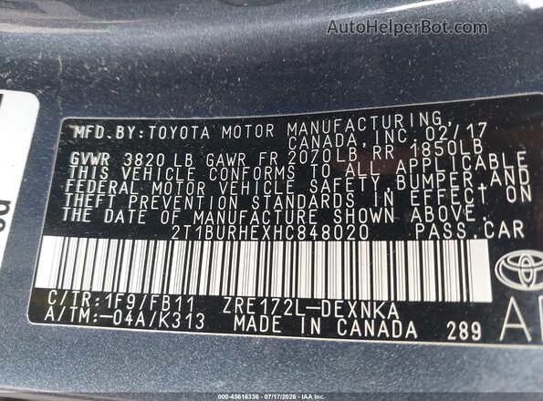 2T1BURHEXHC848020 2017 TOYOTA COROLLA Gray Engine compartment view