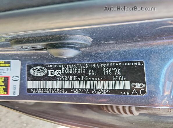 2T1BURHEXHC859941 2017 TOYOTA COROLLA Blue VIN კოდის სტიკერის ხედი
