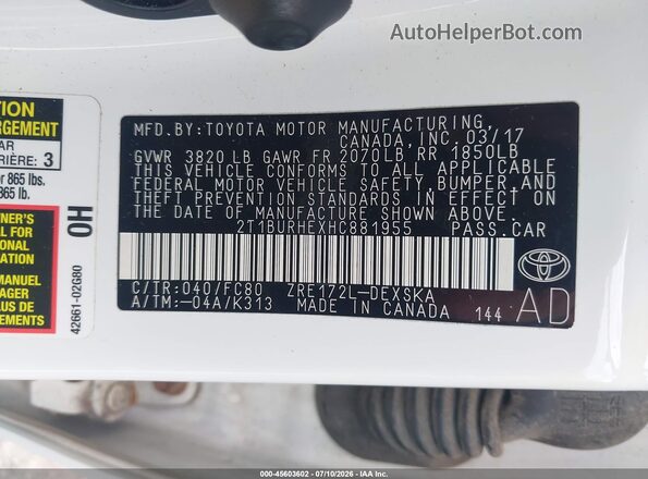 2T1BURHEXHC881955 2017 TOYOTA COROLLA White ძრავის განყოფილების ხედი