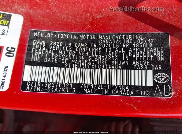 2T1BURHEXHC914484 2017 TOYOTA COROLLA Red Vista del compartimento del motor