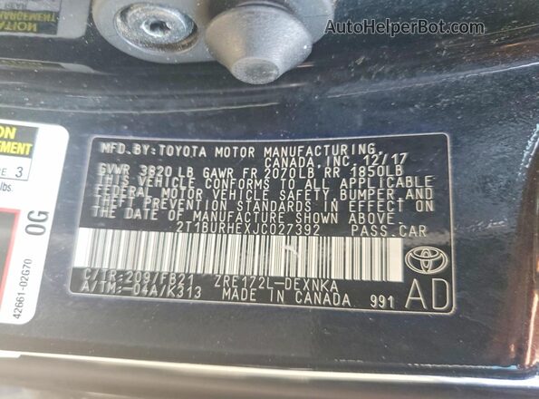 2T1BURHEXJC027392 2018 TOYOTA COROLLA Black Շարժիչի բաժամունքի տեսք