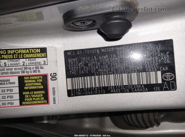 2T1BURHEXJC037503 2018 TOYOTA COROLLA Серый Вид подкапотного пространства