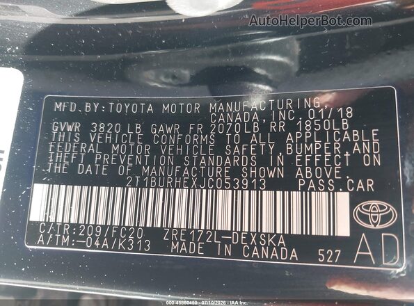 2T1BURHEXJC053913 2018 TOYOTA COROLLA Black Вид підкапотного простору